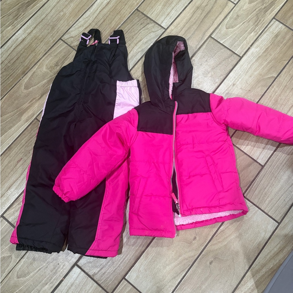 Girls Pink and Black Winter Snow Jacket + Bib Pants size 4 Good Condition